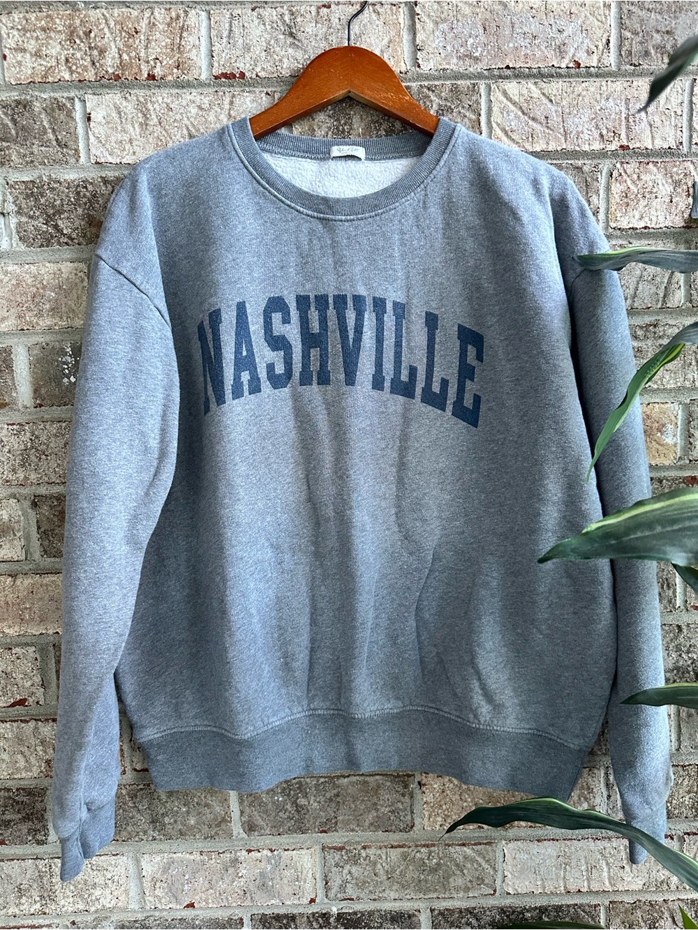 Brandy Melville John Galt Grey Crewneck with Navy Nashville Arch